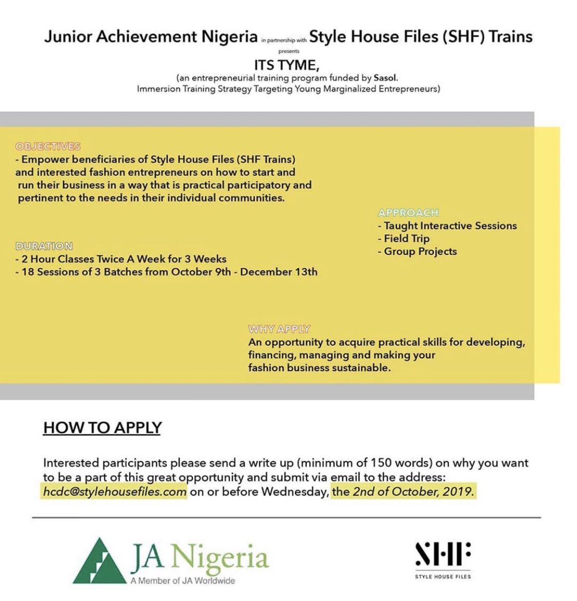 Are you looking to acquire skills to develop a sustainable fashion business? This might be for you. See flyer below for details. #fashionentrepreneur #fashiondesignersinnigeria #thatskinnychic #training #youngdesigners #fashionweek #SaturdayThoughts