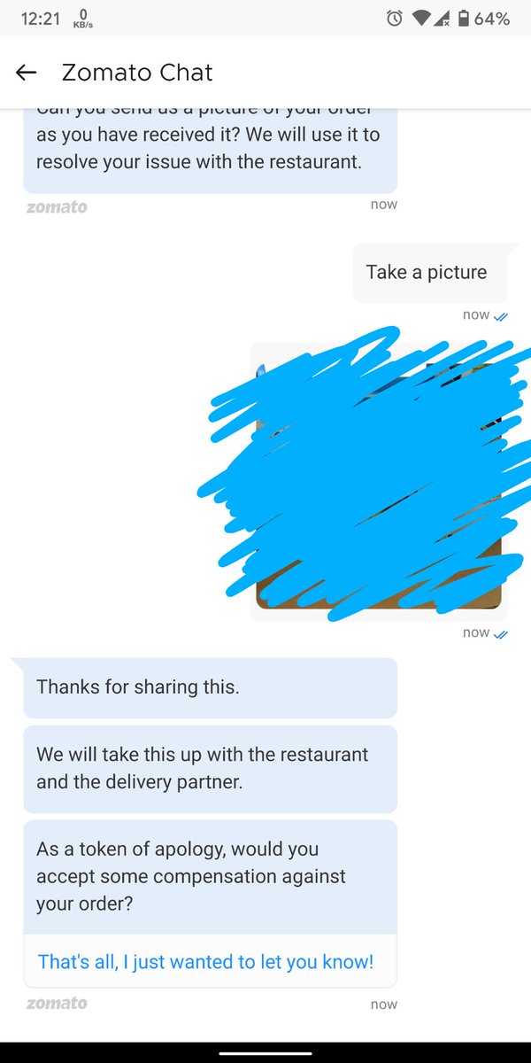 chrizandr's tweet photo. @Zomato @ZomatoIN what kind of a scam is this? You ask me if I want a compensation for a wrong order and then don't give an option to select "Yes"? https://t.co/vnpxnMB8Cu