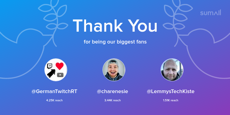 DerSamalander's tweet photo. Our biggest fans this week: GermanTwitchRT, charenesie, LemmysTechKiste. Thank you! via https://t.co/erSYn3b3ms https://t.co/7FUKSs7K5r