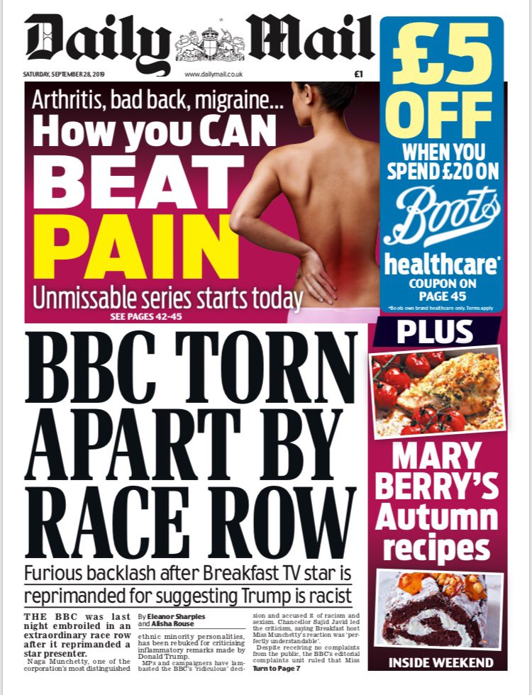 BBC Torn Apart By Race Row. Furious backlash after Breakfast TV star is reprimanded for suggesting Trump is racist - (LINK??) @EleanorSharplesv  @AlishaRouse  

#frontpagestoday #UK #DailyMail #buyapaper