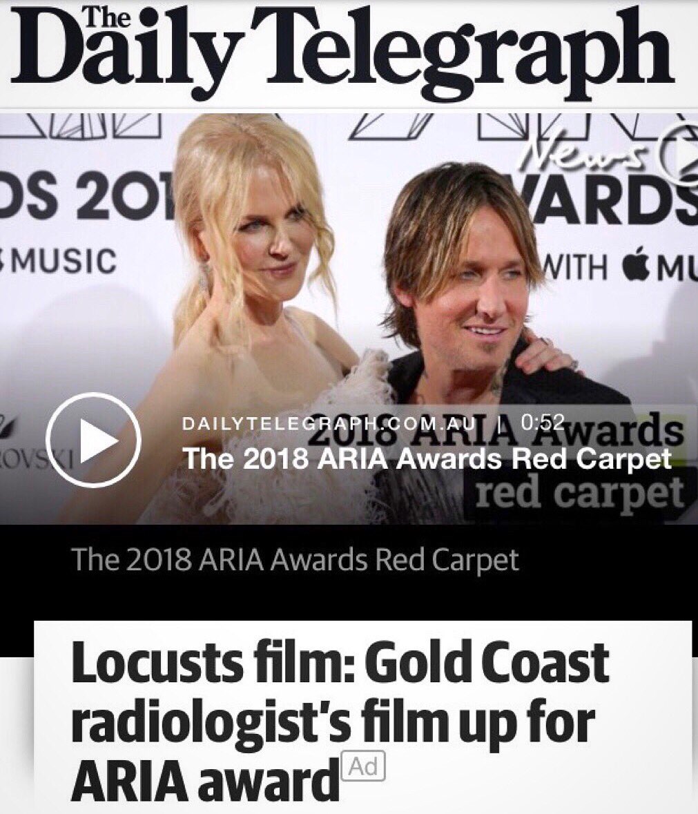 FilmLocusts's tweet photo. Coverage in today’s @dailytelegraph @GCBulletin and @theadvertiser of LOCUSTS Soundtrack by Golden Globe winner Burkhard Dallwitz’s ARIA nomination, produced by radiologist @anguswatts_ . In cinemas October 17 @ARIA_Official @TheMusicComAu  @RollingStone https://t.co/5Aibeb7yHz