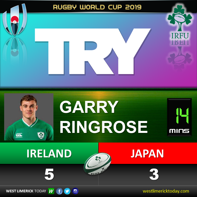 WestLkToday's tweet photo. Garry Ringrose with a brilliant catch and over the line he goes. Carty misses the conversion and Japan reply with a penalty. Ireland 5-3 up. https://t.co/AX9qnHj1nr