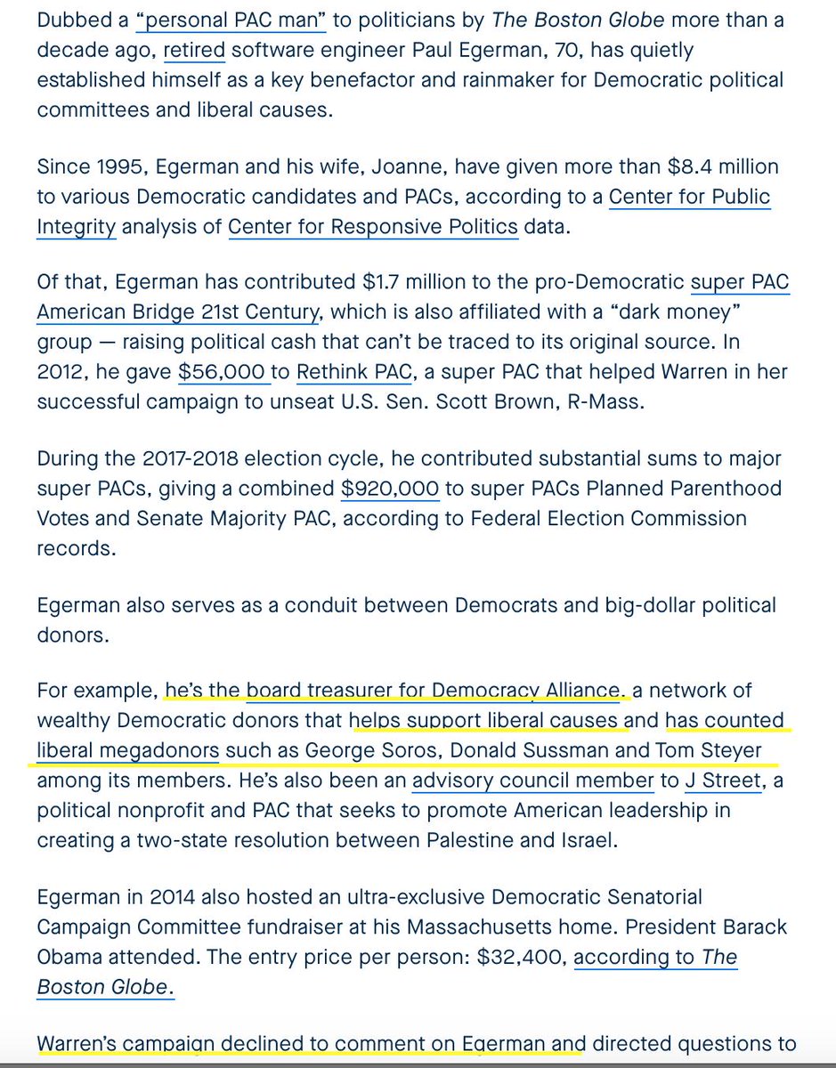 Sussman is part of the group Egerman hangs with. As board treasurer of Democracy Alliance. Egerman is  #Warren 's Finance Chair. Refer back to this article:  https://publicintegrity.org/federal-politics/elizabeth-warren-president-pac-money-treasurer/