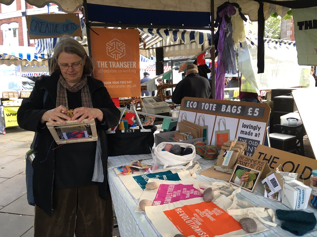 OldPrintWorks's tweet photo. It’s so great to have #weaverdiva Jutta at our stall at @MoseleyFarmMkt today demonstrating simple weaving for everyone who would like to come and try it out! Jutta volunteers at our @dailythreadbrum sessions. Come and meet her! https://t.co/4b8a4uVT1g