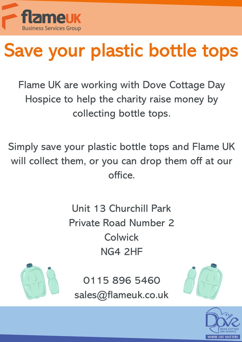 Don't forget to collect your plastic bottle tops for <a href="/DoveCottageHosp/">Dove Cottage Hospice</a>