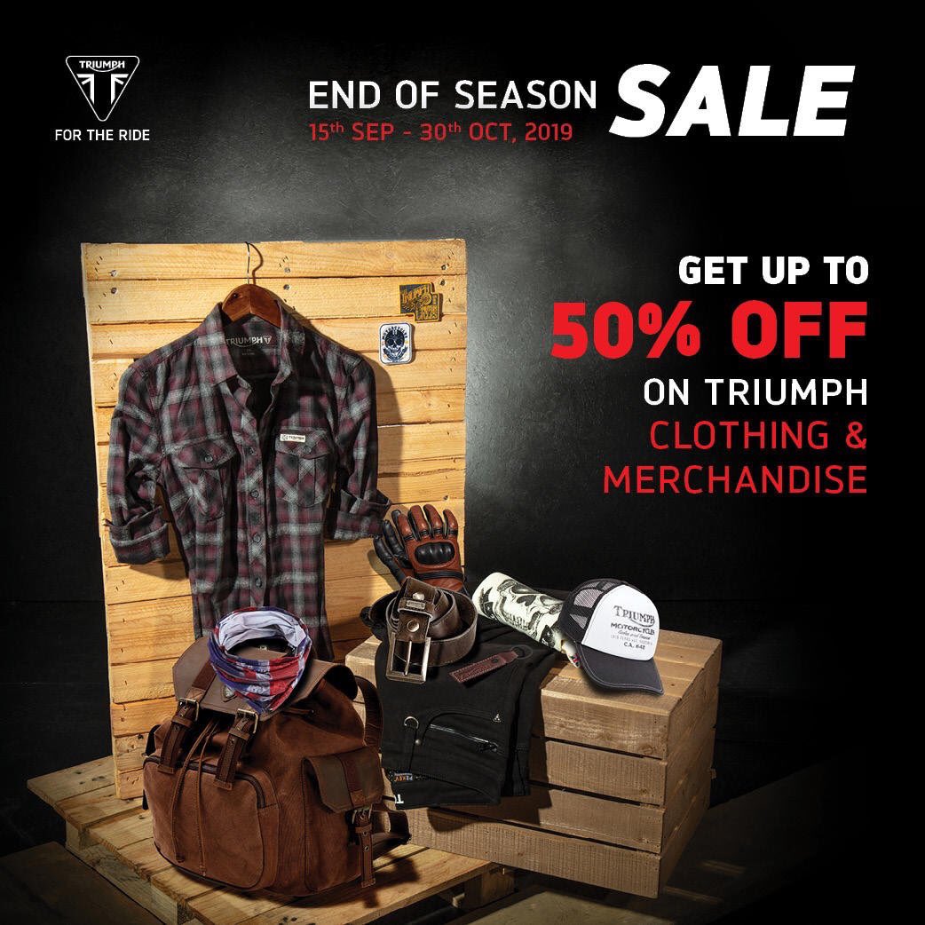 IndiaTriumph's tweet photo. The End of Season Sale on Triumph Clothing & Merchandise is currently on. Pick your favourite from our exclusive ranges, today.
#EOSSale #DGR2019 https://t.co/HEkEfH5Lh4