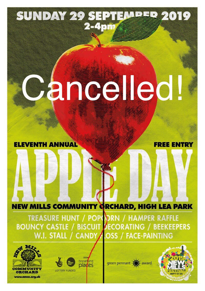 NMFestival's tweet photo. We’re afraid to say that tomorrow’s Apple Day has been cancelled due to bad weather. 

#nmf19 #NewMillsFestival2019 #NewMillsFestival #NewMills #HighPeak #Derbyshire #festival https://t.co/jFmJsAVbpc