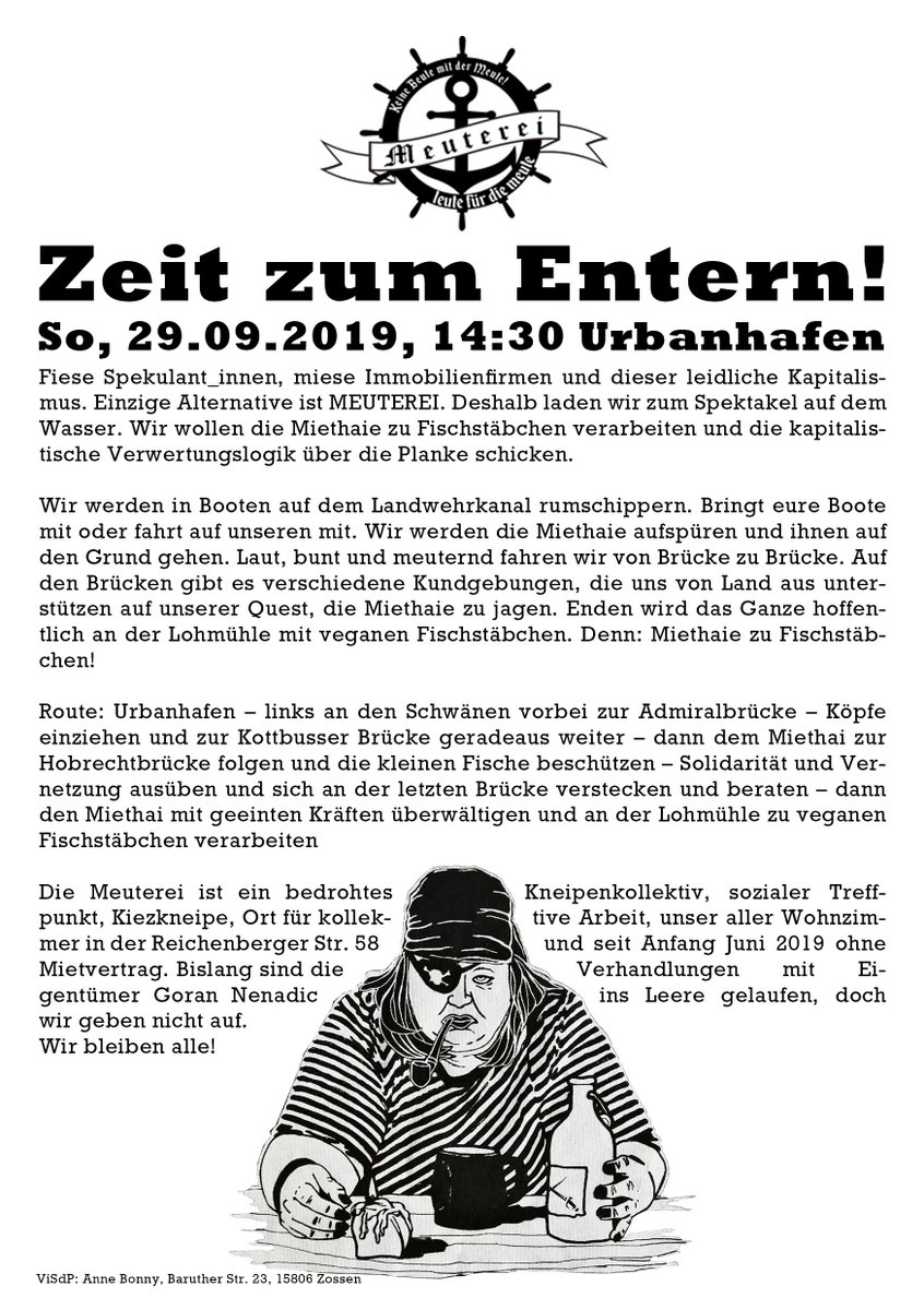 KeineBeute's tweet photo. Heute #besetzen! Morgen #meutern! Sonntag, 29.09, 14:30 Demo auf dem Landwehrkanal und auf den Kanalbrücken, vom Urbanhafen zur Lohmühle, denn #meutereibleibt & #wirbleibenalle! Bringt alle Eure Freund_innen mit, zum Abschluss gibt es vegane Fischstäbchen! #tumalwat #b2909 https://t.co/ILTr3H7dYr