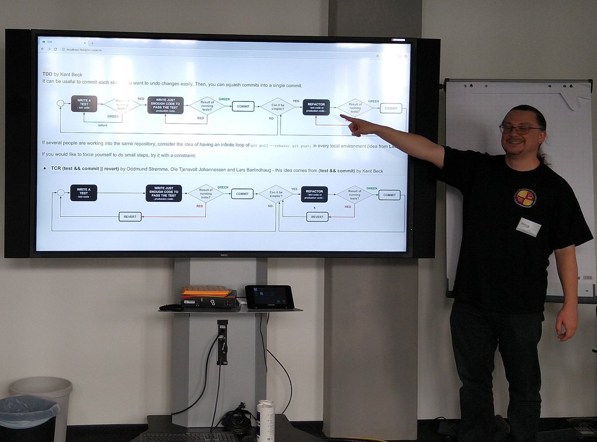 DevGhp's tweet photo. #scdf19 @marcoemrich  as human laser pointer together with @thbrunzendorf  #tcr Test Commit Revert @KentBeck https://t.co/xSW8Z5Gino