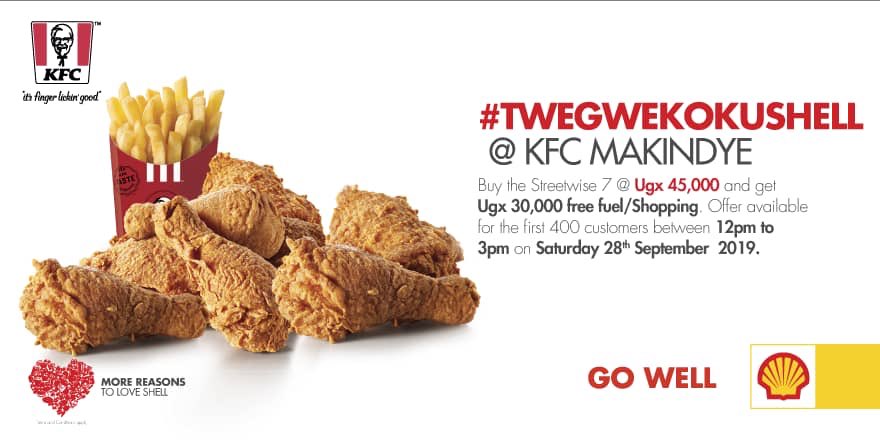 How do you feed yourself and your car at the same time?

Head to #KFCShellMakindye! The first 400 customers that buy a street wise 7 win fuel/shopping vouchers worth 30k #TwegwekoKuShell