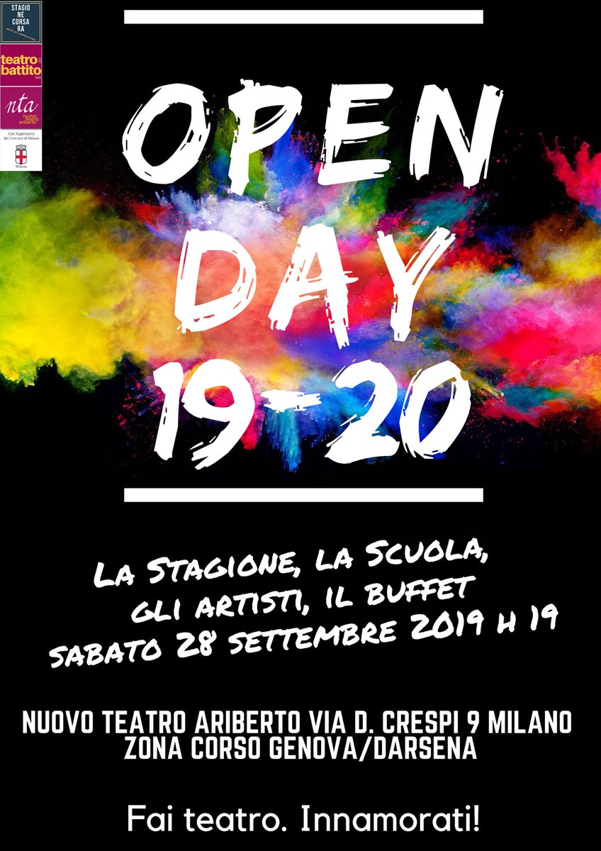 NTAriberto's tweet photo. Sabato 28 settembre ore 19 OPEN DAY al Nuovo Teatro Ariberto. ENTRATA LIBERA. Presentiamo la stagione 2019-2020. Sul palco gli artisti della stagione e la scuola di teatro. NOVITA': Ciclo laboratorio didattico bambini sul palco con PROF &amp; GIANCHI. Vi aspettiamo. https://t.co/Awi4q3dbfU