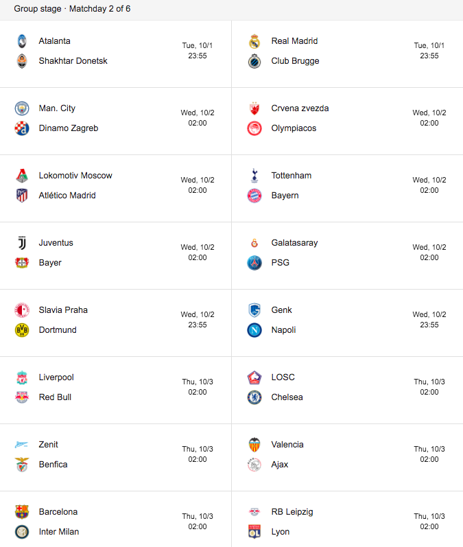 SiaranBolaLivee's tweet photo. Jadwal #UCL Matchday2 di SCTV:: 

Selasa 1 Okt K.O 23.55 WIB
REAL MADRID vs CLUB BRUGGE

Rabu 2 Okt K.O 02.00 WIB
TOTTENHAM vs BAYERN MUNCHEN

Rabu 2 Okt K.O 23.55 WIB
SLAVIA PRAHA vs DORTMUND

Kamis 3 Okt K.O 02.00 WIB
BARCELONA vs INTER https://t.co/q8aEHe4xmZ