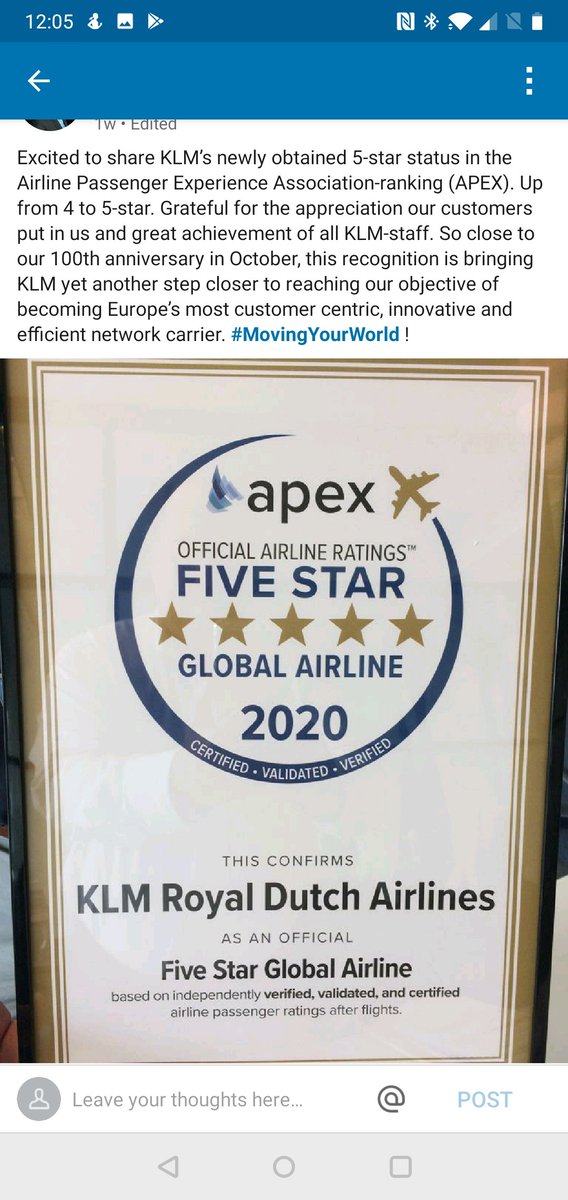 KLM's newly obtained 5 star status.