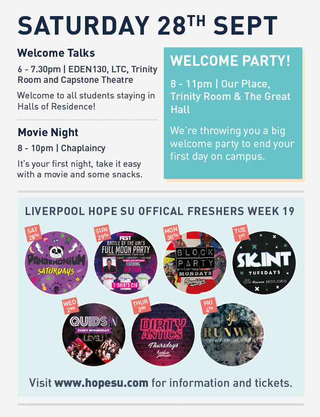 Welcome Week 2019 kicks off today, and we've got loads of fun-filled events happening over the next 9 days! This evening there's something for everyone, and you're all invited!👇👇 

💥Welcome Talks, 6 - 7.30pm
💥Movie Night, 8 - 10pm
💥Welcome Party, 8 - 11pm
