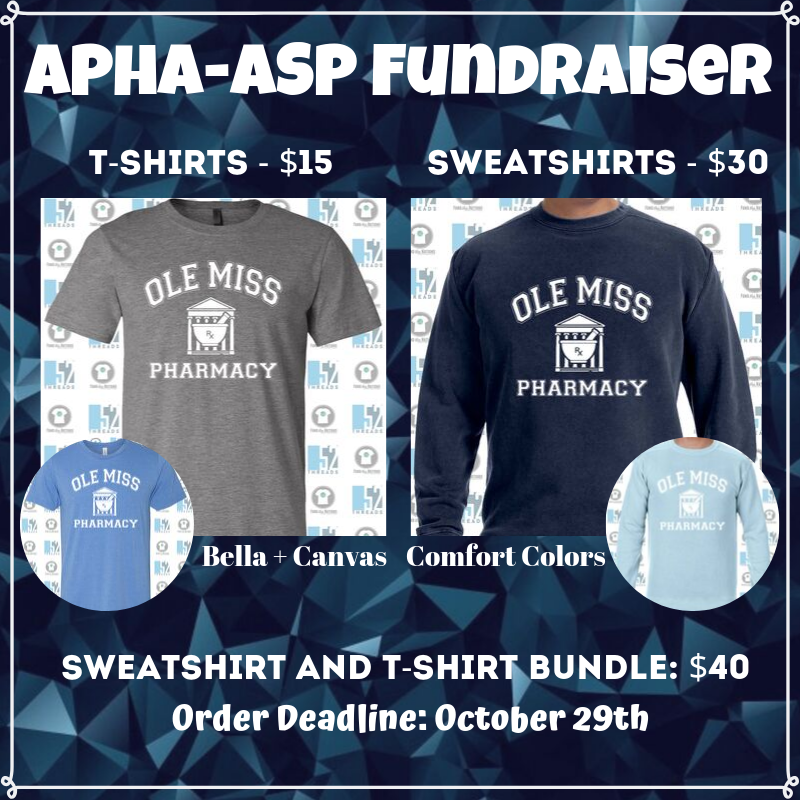 Our APhA-ASP chapter is selling sweatshirts and t-shirts until October 29, 2019. For non-students, there will be an additional $10 fee to mail any purchases. This charge must be physically added to the cart when ordering.

Order yours now at squareup.com/store/apha-asp….