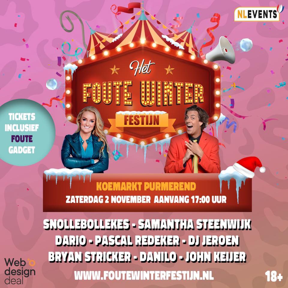 Zaterdag 2 november komen o.a. Samantha Steenwijk,  Snollebollekes &amp; Pascal Redeker naar de Koemarkt toe! Scoor nu je ticket met KORTING, de EARLY bird kaarten zijn nog verkrijgbaar (inmiddels 75% verkocht)!

Check foutewinterfestijn.nl voor tickets &amp; meer informatie 🎉🎉🎉