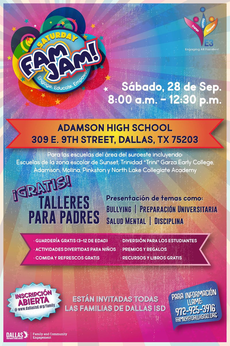 Cochran_Colts's tweet image. No te olvides de venir Este Sábado al Fam Jam en la preparatoria de Adamson de 9:00-12:00!  Esperamos verlos por aquí! Comida, diversión, premios y talleres para padres Gratis!