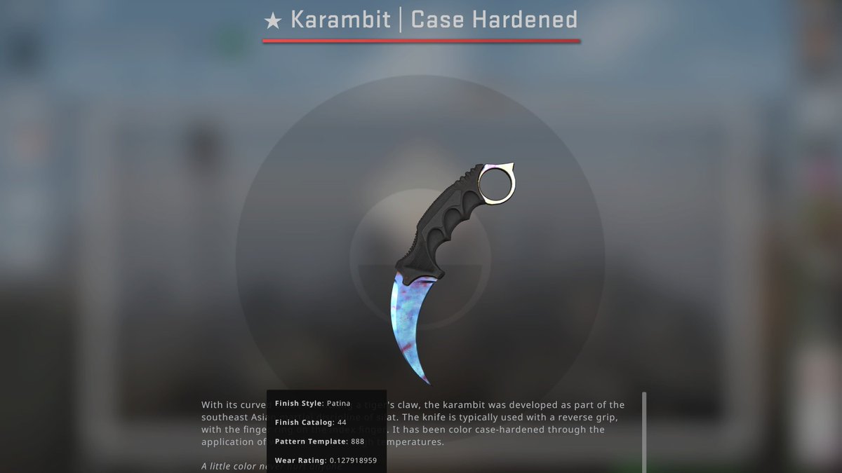 ohnePixel's tweet photo. One of the most LEGENDARY knives in CSGO just sold!

The #888 Karambit Case Hardened got unboxed back in 2015 and remains a 1/1 until today 💎

Price should stay a secret for now - but I can tell you that it was a hefty sum! 💸 https://t.co/2vxRnMI5au