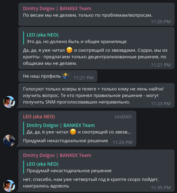 sonmsupremacy's tweet photo. Is it me, or is @BANKEX cofounder &amp; COO @DolgosTim was peddling a #telegram #voting bot that allows to "take $SNM of those who voted wrong" in #SONM #Russian #DAO #chat and insisting it was #decentralized? 🤦‍♂️ "Blockchain Bank-as-a-Service for Banks", my ass!

#shameonyou #BankEx https://t.co/ZhDg1SStRj