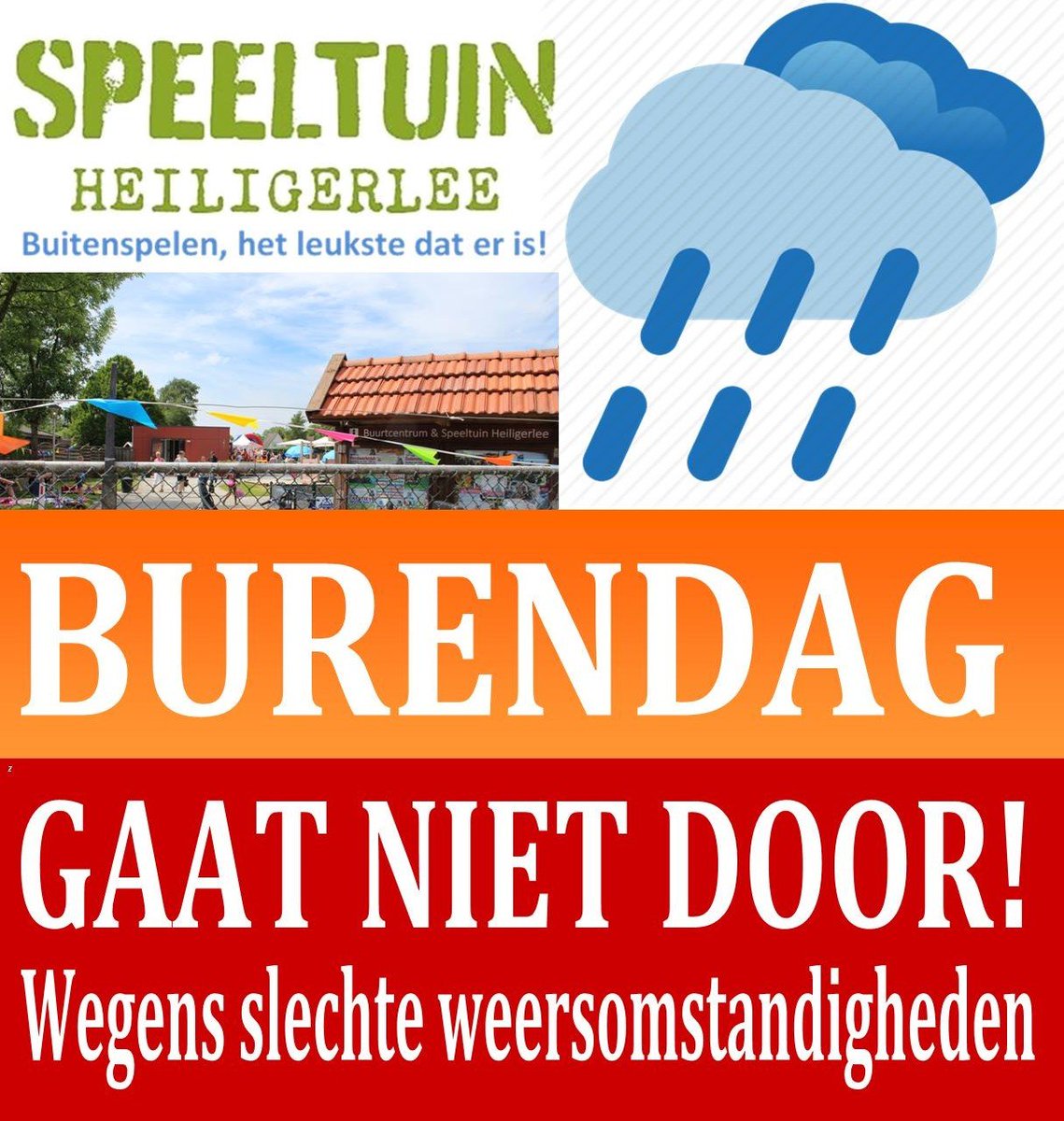 SpeeltuinH's tweet photo. #Speeltuin #Heiligerlee last #Burendag af zondag 29 september 2019
🌧De #weersvoorspelling is zeer slecht met erg veel wind en regen. Naast dat iedereen klets- en kletsnat wordt, kan er ook een onveilige situatie ontstaan met de tenten en het springkussen. Wij hopen op uw begrip https://t.co/zPKCw9D8Xz