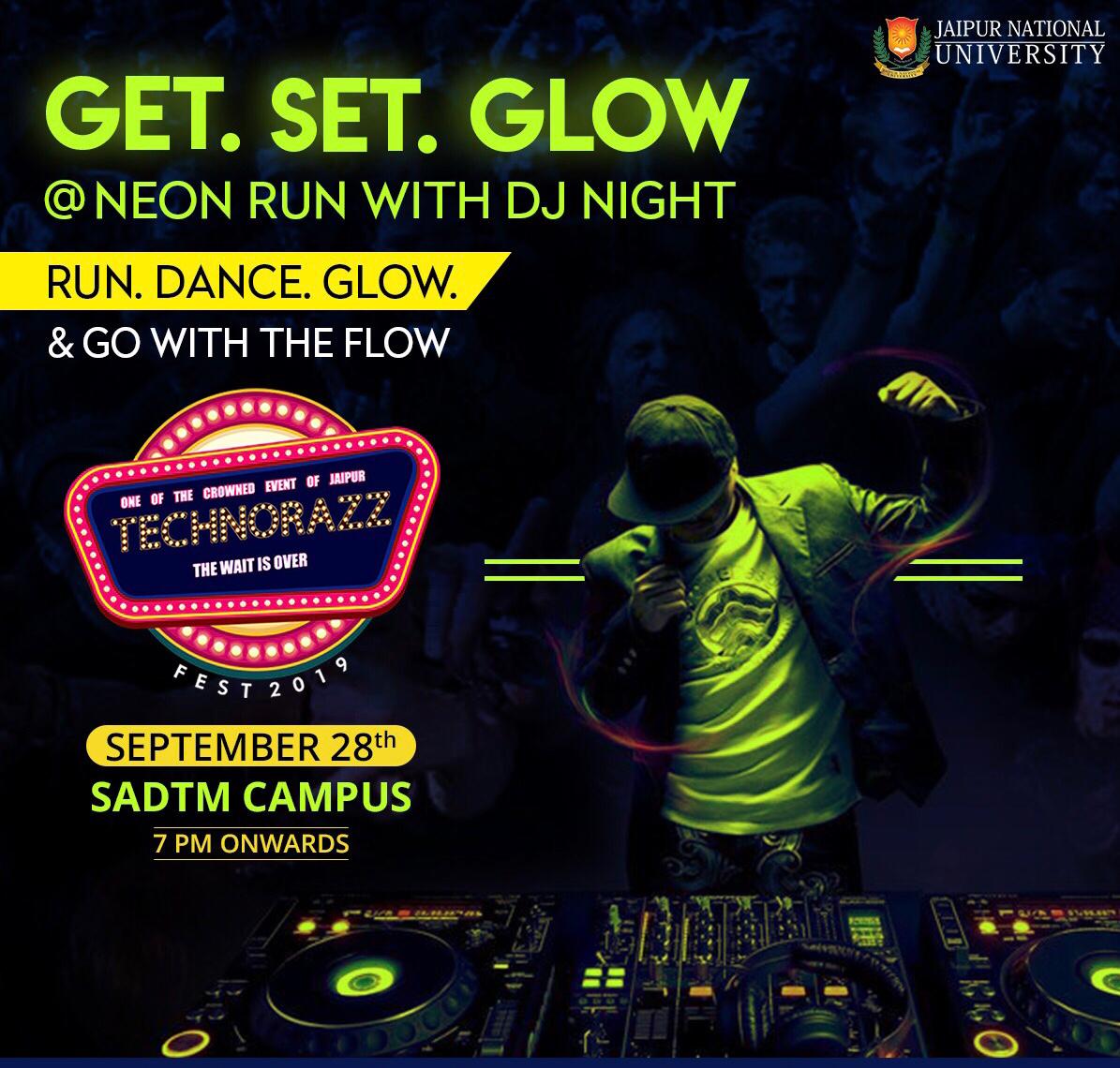 JAIPURJNU's tweet photo. Let's Glow for a Cause - "SAY NO TO PLASTIC". Spend an evening at the most electrifying, exciting and fantastic event of the year: #Neon Run with DJ Night #Technorazz. Get, Set, Glow!! Join us at #JaipurNationalUniversity Neon DJ Night to Glide &amp; Glow as the Mind Blows. https://t.co/iTVICGzDyf