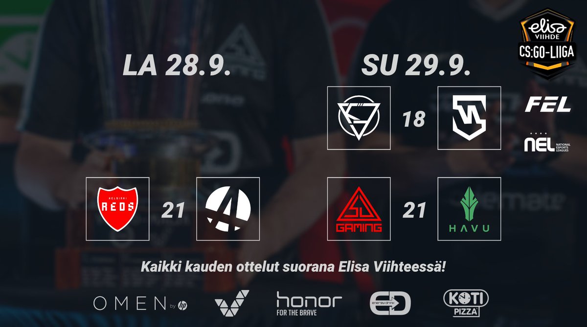 CS-liigan runkosarja huipentuu! 🔥 Luvassa poikkeuksellisesti 3 matsia, HAVU luovuttaa KOVA-ottelunsa.

LA
21: @HelsinkiREDS – ajuri

SU
18: <a href="/kovaesports/">KOVA ❤️‍🔥</a> – <a href="/MenaceGG_fi/">MenaceGG</a>
21: @SJGamingGG – <a href="/HAVUgaming/">HAVU</a> 

Matsit Elisa Viihteessä as usual!

#csliiga #esportsfi #elisacsgo <a href="/ElisaEsports/">Elisa Esports</a>