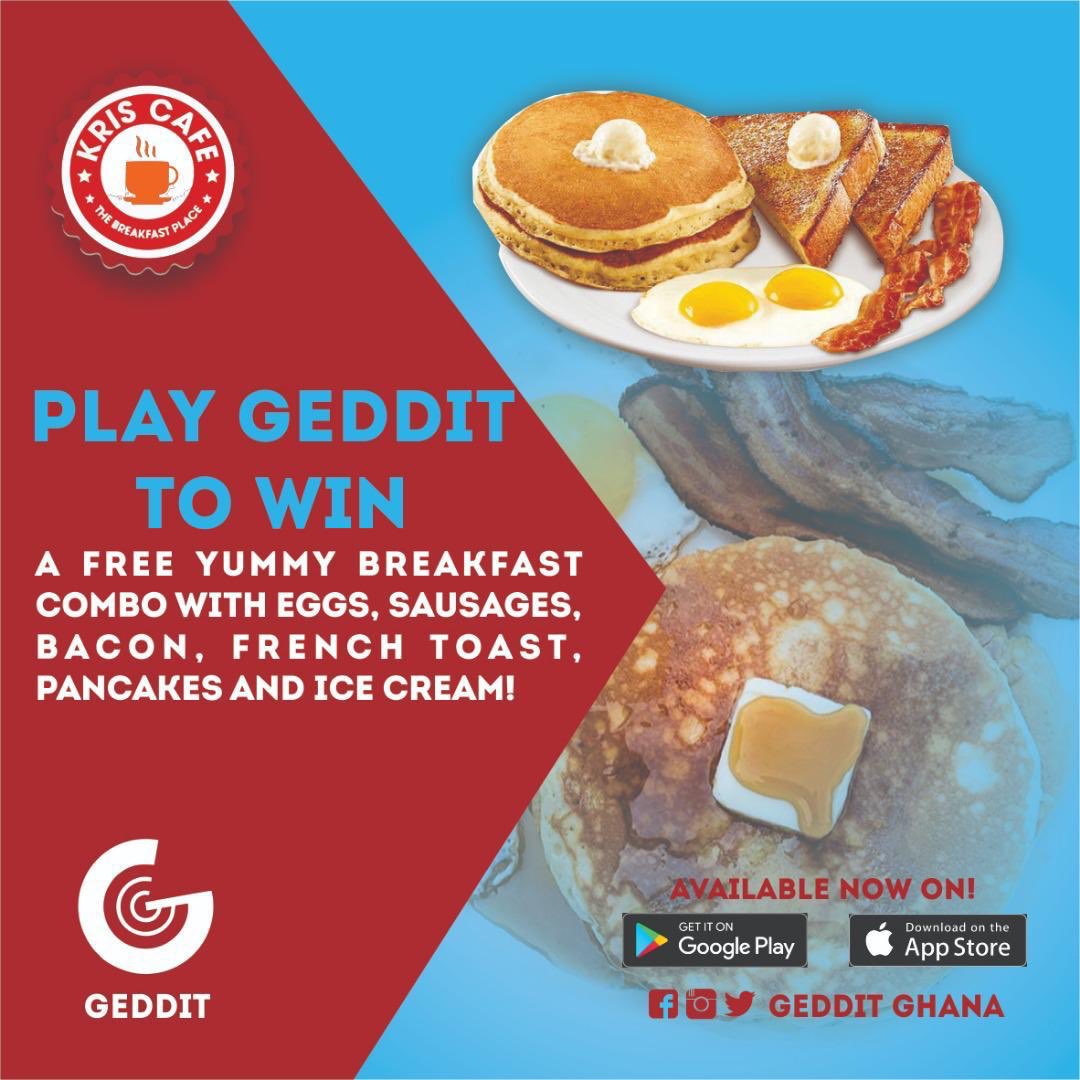 _HypeNationGh's tweet photo. Play to win a free yummy breakfast combo with eggs, sausages, bacon, French toast, pancakes and I cream from @kriscafegh !
Just download the @GedditGhana app and play !!! #gedditghana
Cc: @_HypeNationGh https://t.co/n9ua2MocvM