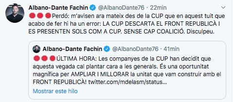 AlbanoDante76's tweet photo. INSISTIM PER A QUE NO HI HAGI CONFUSIÓ: La CUP no ha apostat per unir-se al Front Republicà. LA CUP HA DECIDIT PRESENTAR-SE SOLA. RT https://t.co/dFy4kITYXN