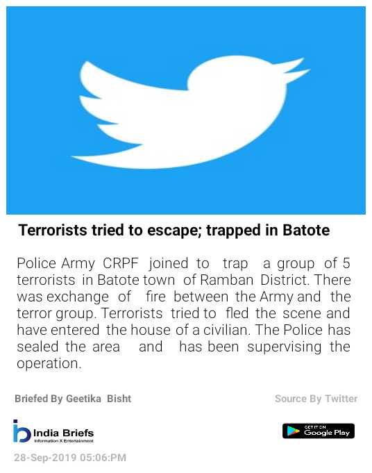 indiabriefs's tweet photo. Terrorists tried to escape: trapped in Batote.

For more updates, download our app now.

https://t.co/HUbZWnfFsE https://t.co/Zpfcwdl1h9