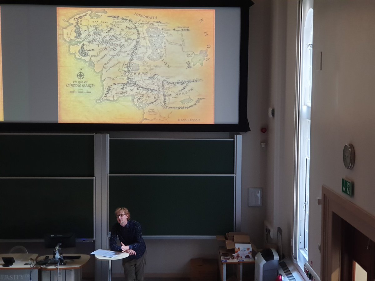 JCCEarthSci's tweet photo. Great listening to Dr Will Tattersdill at #ESTA19 discussing the geography of science fiction. Got to love a map of Middle Earth! #ThinkGeology @ESTA_UK https://t.co/5R5J8nXFij