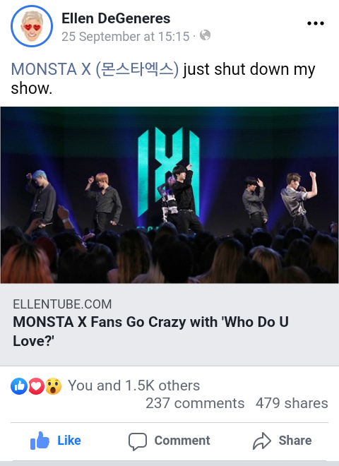 MinMon0514's tweet photo. [PLS RT] #MONBEBE let's leave more likes &amp; comments on #TheEllenShow post about @OfficialMonstaX on facebook!! Share it on your tl too!

🔗https://t.co/22As9aTgru

@OfficialMonstaX
#MONSTA_X #몬스타엑스
#MONSTAXonEllen #WhoDoULove #OhMy #TheEllenShow_MONSTAX https://t.co/jv8jUegdiB