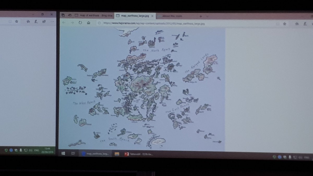 tomargles's tweet photo. Delighted to be surprised by a map of Earthsea in Will Tattersdill's keynote at #ESTA19. A love of mine from childhood. That's Earthsea, obvs, not Will. Sorry Will... https://t.co/Jk5IkBRUPj