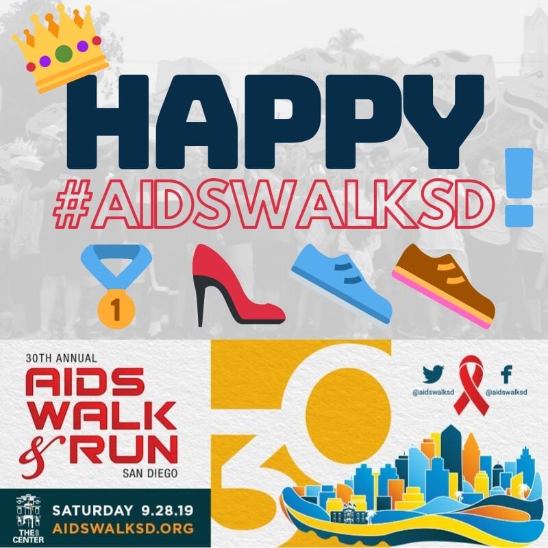 LGBTCenter's tweet photo. 👠👟👑🥇 Good morning and Happy @aidswalksd Today we lace up our shoes and take to the streets to fight HIV! This year marks 30 years as AIDS Walk & Run San Diego, formerly the Walk For Life, a day where we honor and remember those we’ve lost and a day (1/2) https://t.co/ky1jX5rH3p