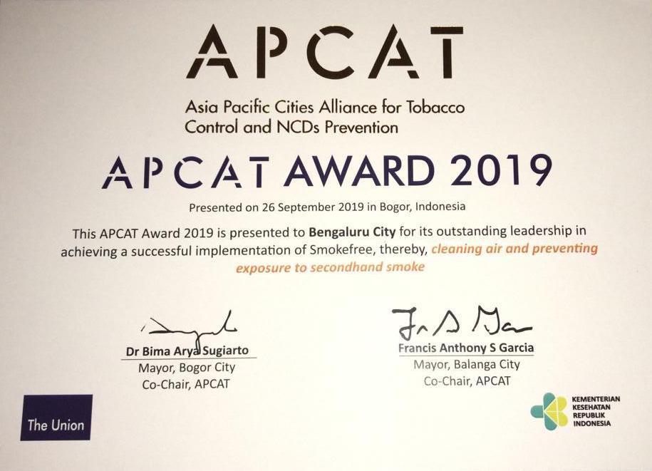 Very proud #Bengaluru has won Global Prize for Implementing Smoke-Free Laws. ‘APCAT AWARD 2019’ was announced on Sept 26 at Bogor, Indonesia. Congrats to Health Dept, #BBMP, Dr Thriveni BS, Dr Savitha SK, Vandita, Jawaid, Anjum &amp; Dr Vishal Rao.

#APCAT #BBMPCOMM #SwachhBharat