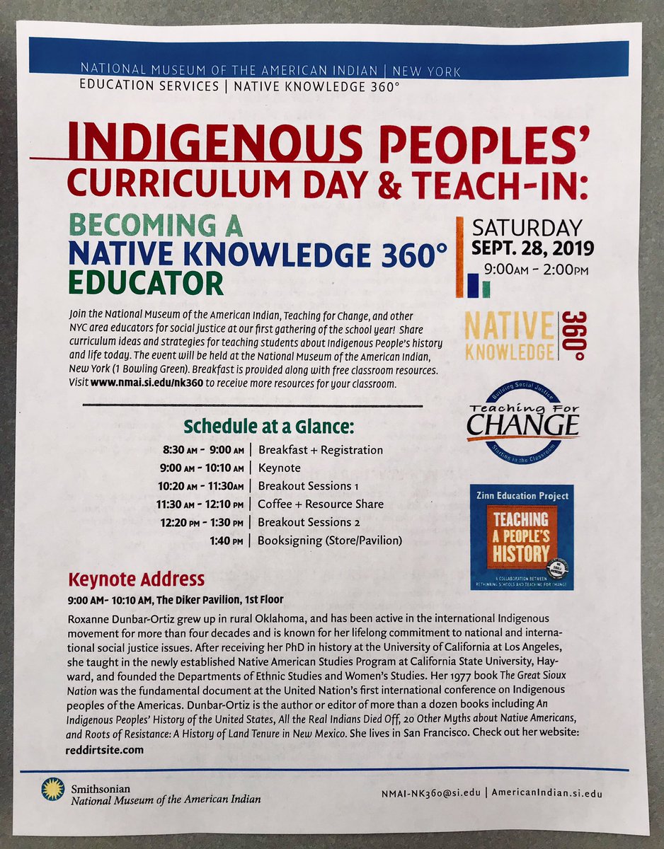 lapham_katie's tweet photo. Today at National Museum of the American Indian in NYC @SmithsonianNMAI Indigenous Peoples’ Curriculum Day & Teach-In with @rdunbaro Roxanne Dunbar-Ortiz @RethinkSchools @ZinnEdProject @teachingchange #NativeKnowledge360 https://t.co/Xvzh328fmr