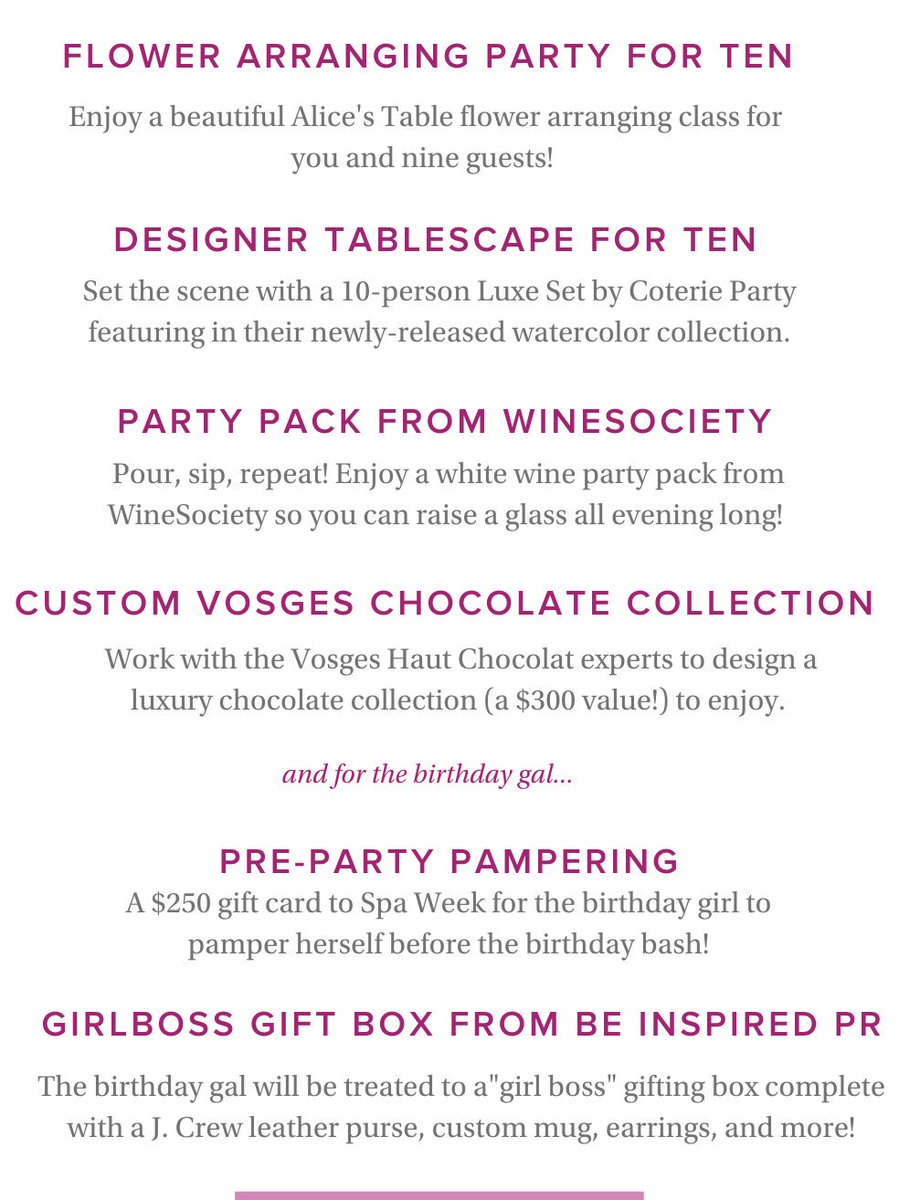 You deserve a little party! Enter to win the best prize pack ever! Click - dojomojo.com/promo-lookup/3…

@alicestable
<a href="/Vosges/">Vosges Haut-Chocolat</a> 
<a href="/coterieparty/">coterieparty</a>
<a href="/beinspiredpr/">beinspiredpr</a>
@spaweek
<a href="/WineSocietyLife/">WineSociety</a>