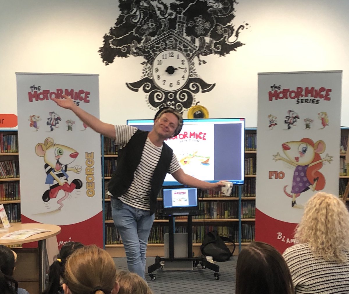 JerseyLibrary's tweet photo. Edward Blampied is also in the Children’s Library this afternoon, introducing his brand new book The Motor Mice. #JFOW https://t.co/ULLZM6mVPz