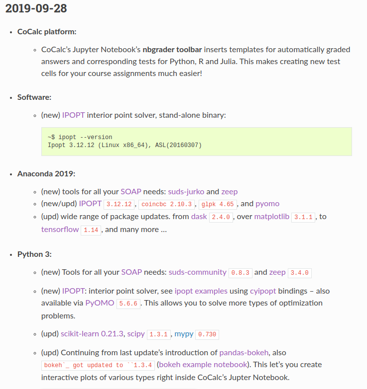 cocalc_ai's tweet photo. software update 2019-09-28 contains #IPOPT + various bindings, CoCalc's "nbgrader" inserts snippets in test cells, @BokehPlots plots and various other package updates...

https://t.co/FoJSbcRFA0 https://t.co/W9D0tkdPkL