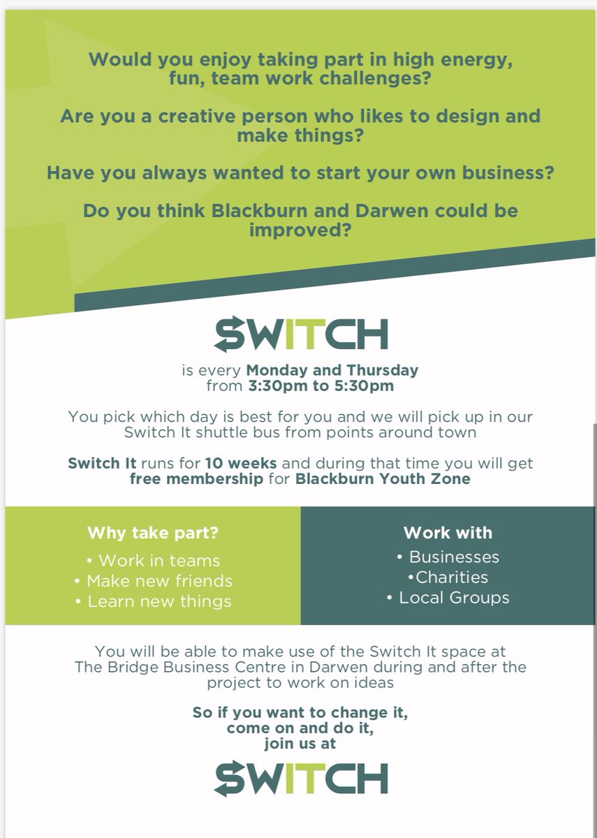 DarwenAldridge's tweet photo. We are working in partnership with @blackburnyz to deliver #Switch aiming to bring about a more #integratedcommunity through the vehicle of #socialenterprise #socialaction. We awould love your business to get on board and support our young entrepreneurs. Email switch@daca.uk.com https://t.co/BHgUI1USak