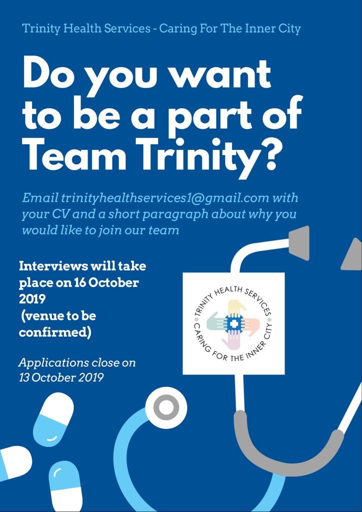clinic_trinity's tweet photo. Would you like to be a part of Team Trinity?
Send us your CV with a short motivational paragraph.

Applications close 13 October 2019 https://t.co/4UJmjuHlD0