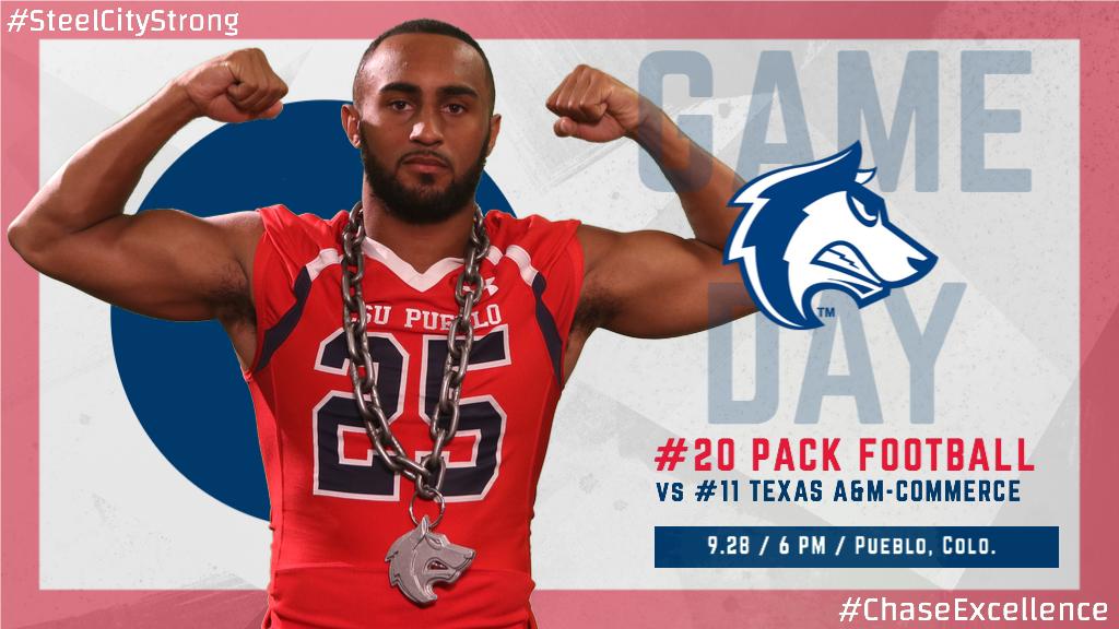 CSUPFootball's tweet photo. GAMEDAY!! Get to the ThunderBowl for another top 25 matchup! The No. 20 ThunderWolves hosts No. 11 Texas A&M-Commerce at 6 PM! #SteelCityStrong #ChaseExcellence #BEATCOMMERCE https://t.co/N8f95t1QhO