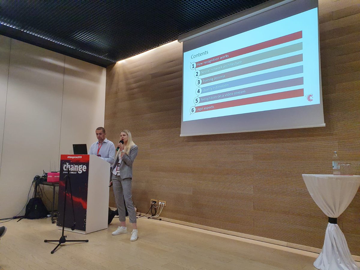 TheChangeCon's tweet photo. Last talk on track 1 - Krystsina Miatlovich &amp; Mikalai Surta of #IBAgruop speak about Machine learning technologies in face recognition 💻👩‍💻👍

#kingict #zagreb #croatia #it #conference #konferencija #saturday #tall #interesting #fun #machinelearning #fun #changecon2019 #changecon https://t.co/q5V64smEij