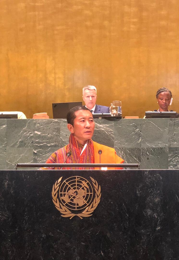 PMBhutan's tweet photo. Prime Minister addressed the UN General Assembly today. He touched on wide range of topics, from healthcare and education as the primary focus, to climate change as an outcome of eroding values, from Bhutan's episodes with SDGs to concerns with LDC graduation. #UNGA2019 https://t.co/STQQ8yaE5z