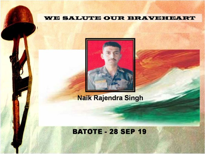 Jammu and Kashmir: Indian Army's Naik Rajendra Singh lost his life during the encounter in Batote town of Ramban district of Jammu Zone, earlier today. (Image source: Indian Army)