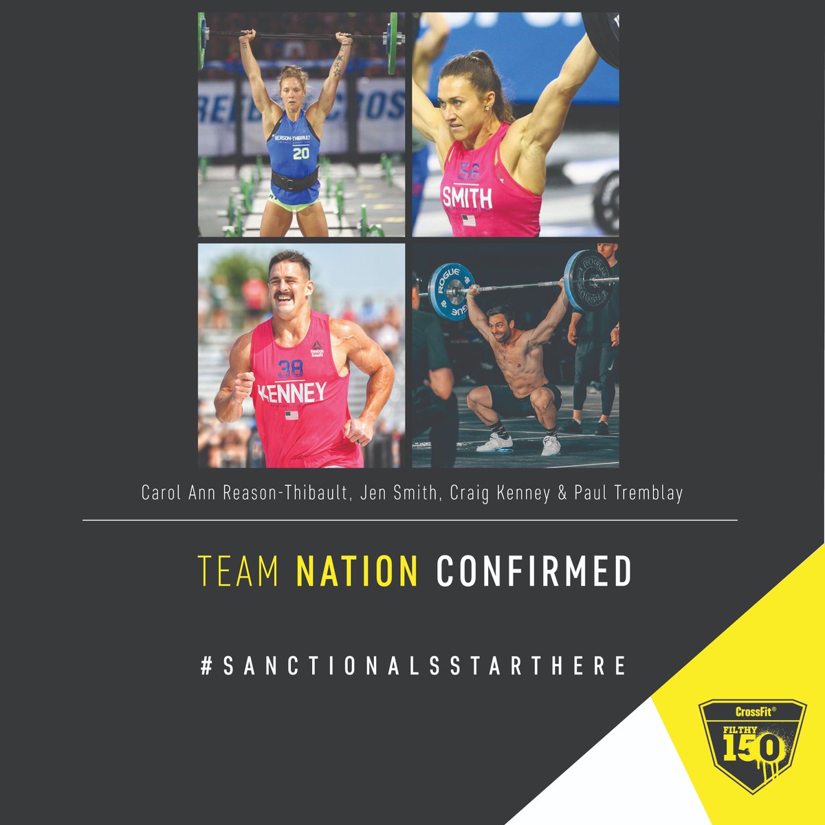 filthy150's tweet image. Team Nation are confirmed!⁠
⁠
We are so excited to announce that our first invited Elite Team are all previous @CrossFitGames individual athletes.⁠
⁠
Jen Smith, Carol-Ann Reason Thibault, Craig Kenney and Paul Tremblay have come together to make one hell of a squad!⁠