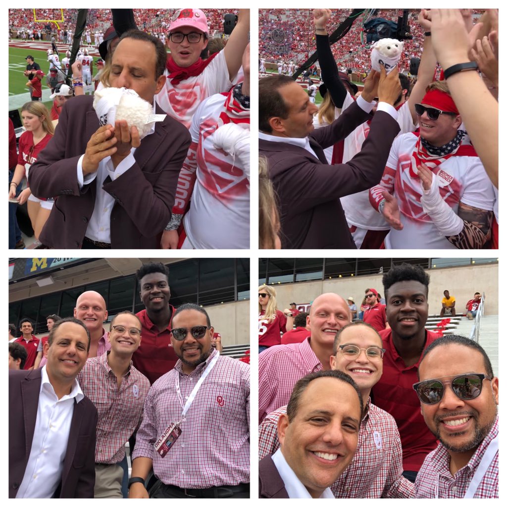 DrDavidSurratt's tweet photo. Great hanging with Interim Prez and other Prez @AdranGibby showing ❤️ to the student section and great seeing familiar faces and their families @UofOklahoma #OUGameday #OU ⭕️🙌🏽💯 https://t.co/yBrUWsjpej
