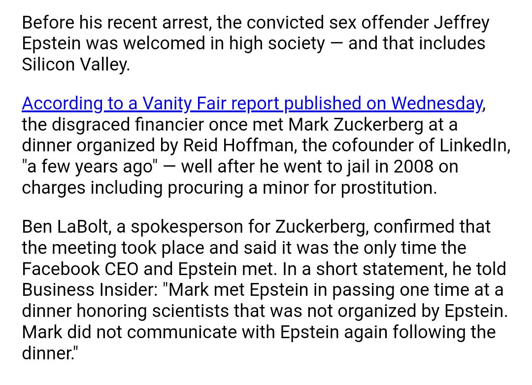 It was Yukich, too, who revealed Arcuri had another powerful and wealthy friend, the Facebook billionaire Mark Zuckerberg. He claims her conversations with Zuckerberg led to her moving to London. Zuckerberg met Jeffrey Epstein at a Silicon Valley dinner.