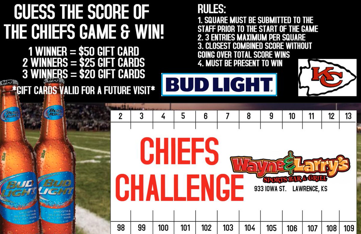 Guess the score of today’s Chiefs game for a chance to win a $50 gift card! Entries are due by noon kickoff. Open at 11. #LFK #NFL #Football #ChiefsKingdom
