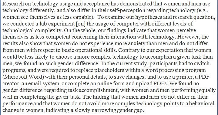  Embora as mulheres se considerem menos competentes, elas realizam tarefas no computador tão bem como os homens. https://www.sciencedirect.com/science/article/pii/S0747563219303498