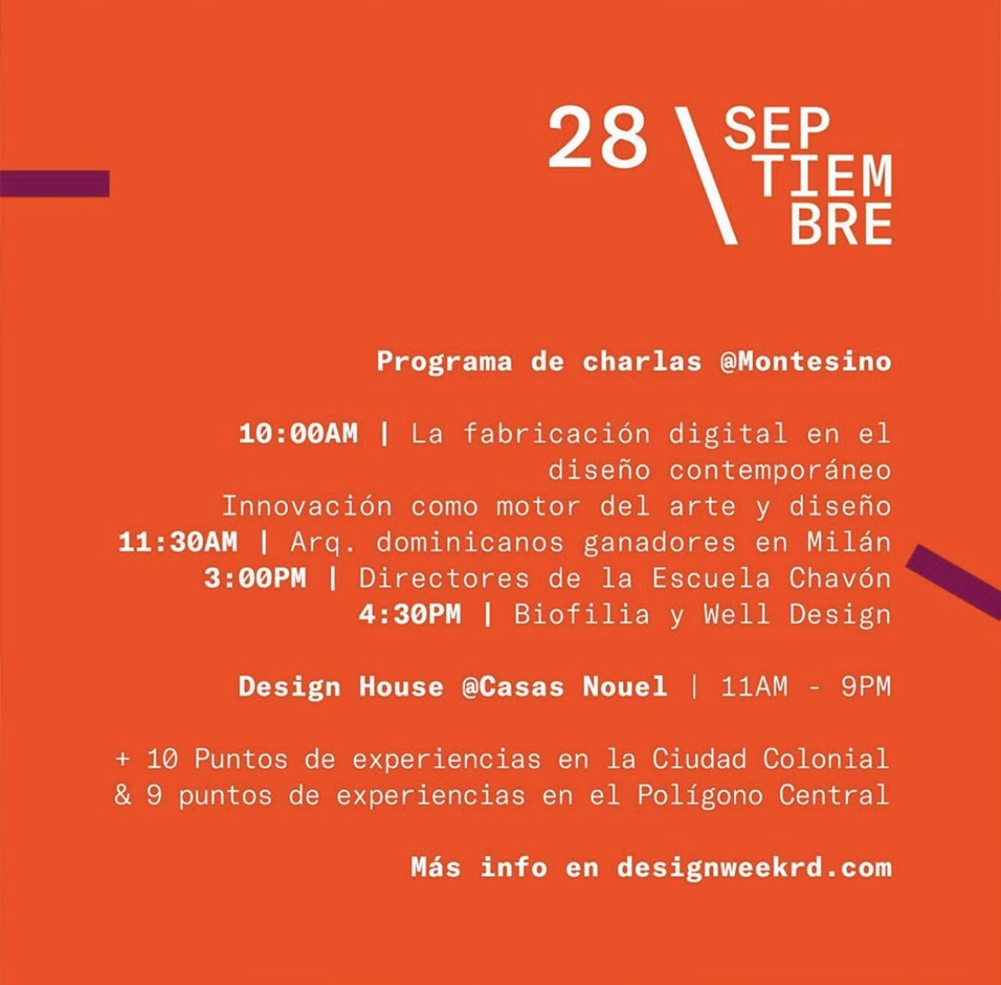 designweekrd's tweet photo. Te compartimos la agenda de hoy, 28 de Septiembre con las charlas, actividades y experiencias que están sucediendo hoy en el marco de #DesignWeekRD | Compra tu boleta ingresando a @eventospuntodo. No te pierdas estos últimos dos días de Design Week R. D. https://t.co/aexShbGDuX